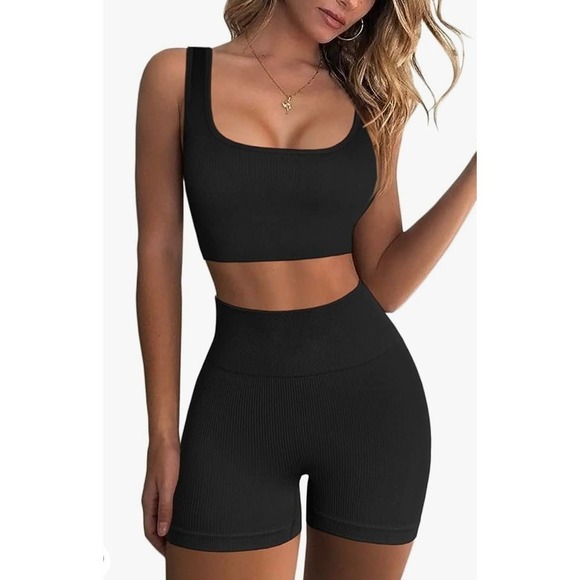 N/A Pants - NWOT Seamless 2PC Ribbed Workout Set Black- Size Large